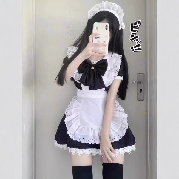 Japanese cute lolita bunny girl cosplay dress - black & white maid outfit with ruffled skirt