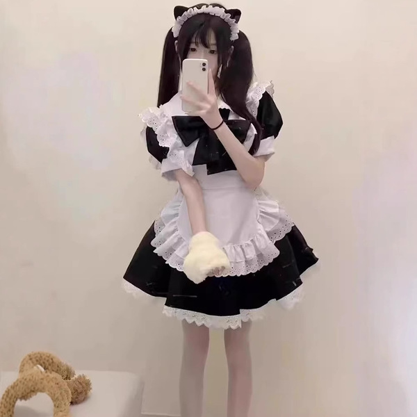 Japanese cute lolita bunny girl cosplay dress - black & white maid outfit with ruffled skirt