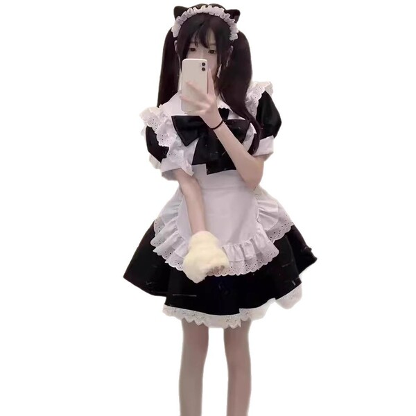 Japanese cute lolita bunny girl cosplay dress - black & white maid outfit with ruffled skirt