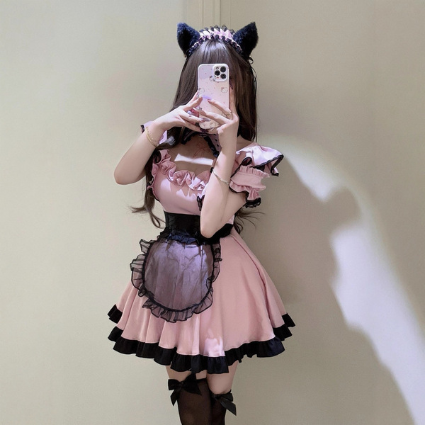 Japanese cute maid costume for women - sweet lolita cat girl uniform with lace dress & apron set