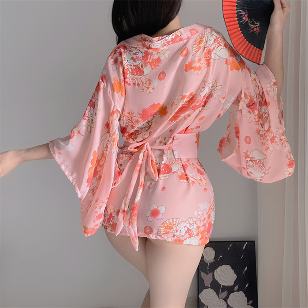 Japanese-style erotic kimono lingerie set – sheer chiffon waist-cinching nightwear & robe for passionate nights, featuring fl...