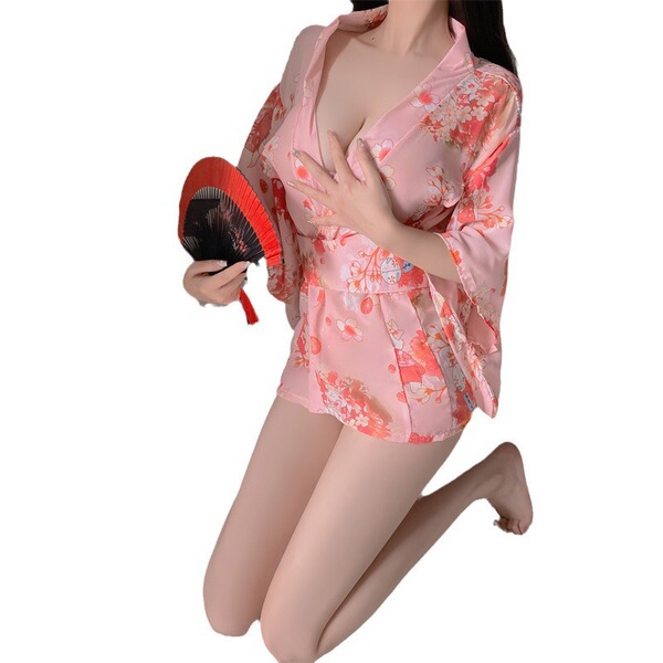 Japanese-style erotic kimono lingerie set – sheer chiffon waist-cinching nightwear & robe for passionate nights