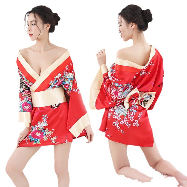 Japanese geisha kimono sleepwear set featuring vibrant floral patterns, perfect for cosplay or evening wear. includes a styli...