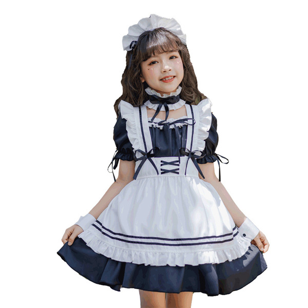 Japanese girl wearing a black maid dress with white apron, ruffles, and bow headband, perfect for cute lolita princess costum...