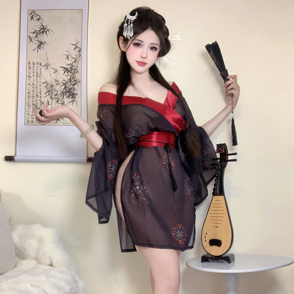 Woman modeling black floral japanese-inspired kimono lingerie set with red accents, holding fan beside pipa instrument.