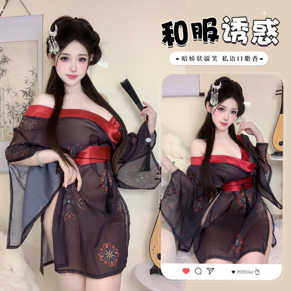 Woman modeling black floral japanese-inspired sexy kimono lingerie set, featuring sheer fabric and red accents.