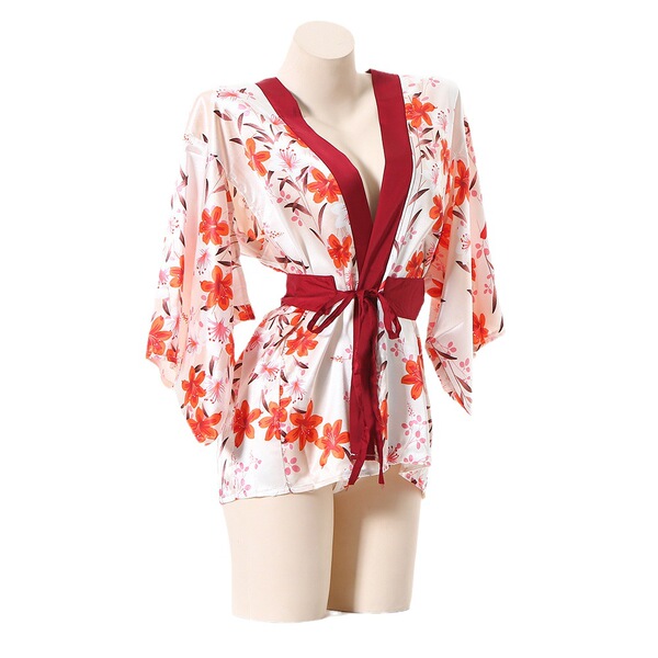 Japanese-inspired sexy lingerie set featuring a kimono-style robe with floral pattern, deep v-neckline, and tie belt design, ...
