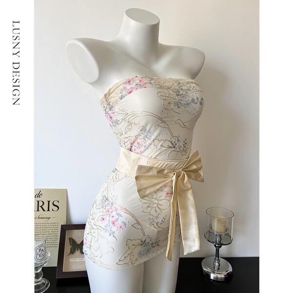 Japanese-inspired sexy lingerie set featuring kimono-style design with floral patterns, tie waist detail, and corset accent f...