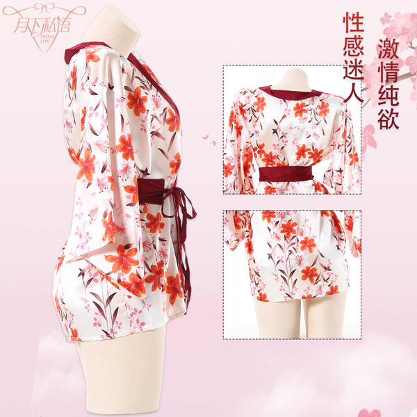 Japanese-inspired sexy lingerie set featuring kimono-style robe with ties, perfect for roleplay and seductive sleepwear.