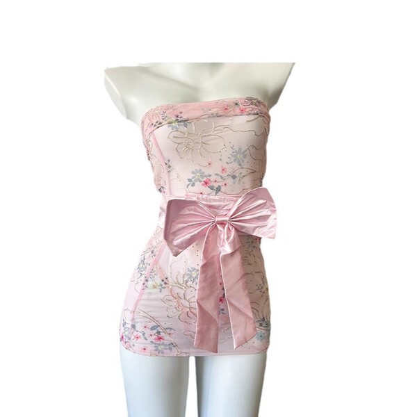 Japanese-inspired pink floral design, strapless kimono-style erotic costume with tie belt and corset detail for women.