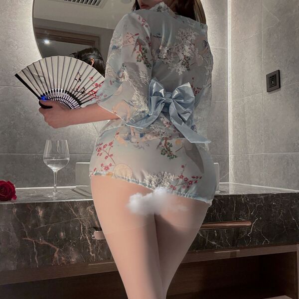 Japanese-inspired sexy yami-kawaii kimono robe sleep dress featuring floral chiffon lace-up design, perfect for women seeking...