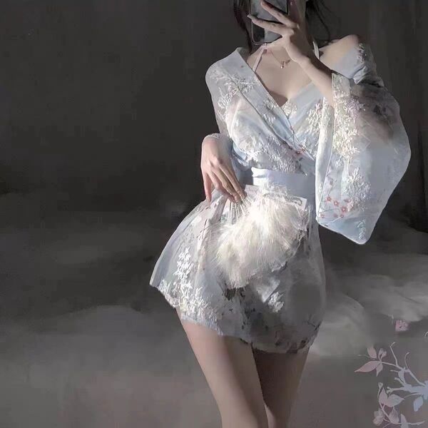 Japanese-inspired sheer kimono lingerie set featuring sensual satin and chiffon design, perfect for a delicate sleep dress wi...
