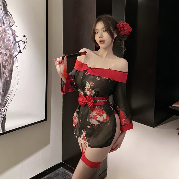 Japanese-inspired sheer kimono-style one-shoulder lingerie set featuring floral patterns, perfect for curvy women with a sexy...