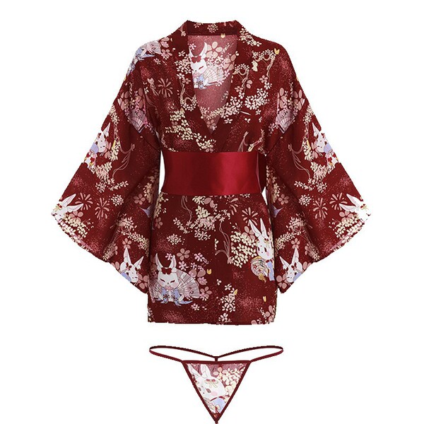 Japanese-inspired sheer kimono sleep set featuring sensual lace trim, delicate floral patterns, and matching bralette panty s...