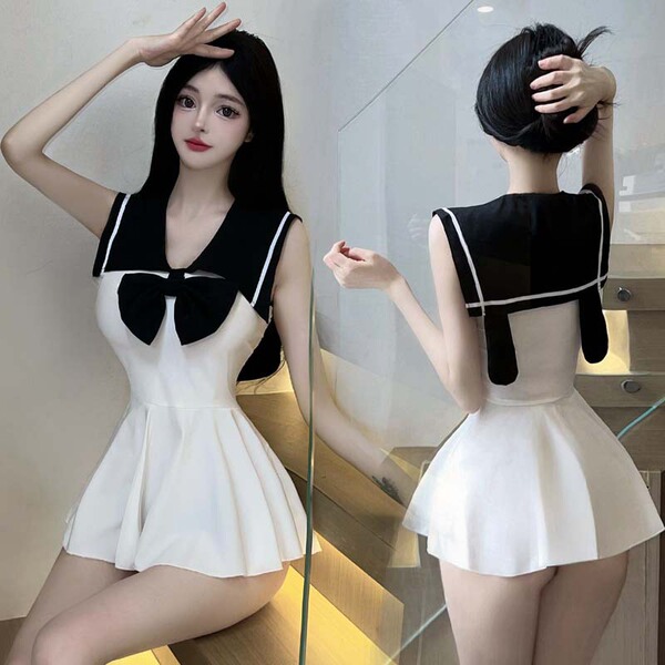 Cute sailor schoolgirl lingerie set featuring a white dress with black collar and bow, inspired by japanese jk uniforms.