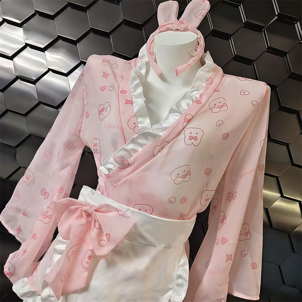 Japanese kawaii bunny kimono robe featuring lace, bow, and floral print, perfect for sexy sleepwear and alluring lingerie set...