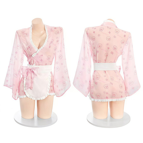 Japanese kawaii bunny kimono robe featuring lace details, floral print, and bow accents, perfect for sexy sleepwear and allur...