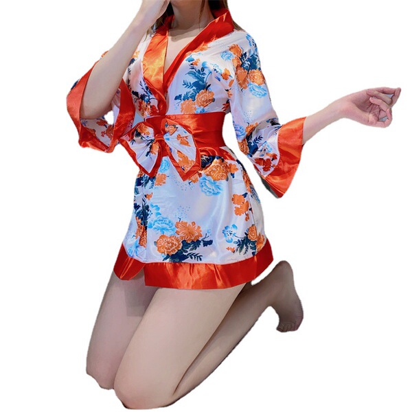 Japanese kimono costume set - sexy & cute role play lingerie outfit, one-piece cosplay ensemble with floral pattern and orang...