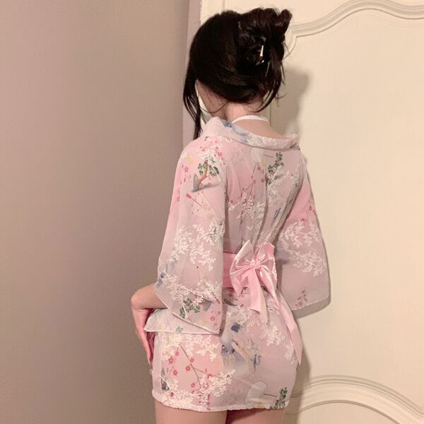 Japanese kimono-style embroidered lace sleepwear set - sheer sensual babydoll & thong lingerie with delicate floral patterns ...