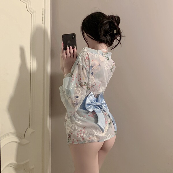 Japanese kimono-style embroidered lace sleepwear set - sheer sensual babydoll & thong lingerie, featuring floral patterns and...