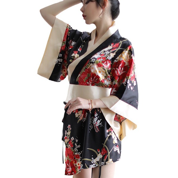 Japanese kimono-style lingerie set featuring floral patterns, elegant design, perfect for adult role play outfits.