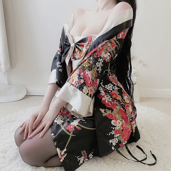Japanese kimono lingerie set - sexy cute role play costume for women, seductive uniform outfit featuring floral patterns and ...