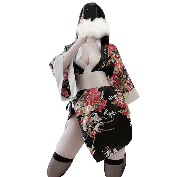 Japanese kimono lingerie set - sexy cute role play costume for women, featuring floral design and thigh-high stockings.