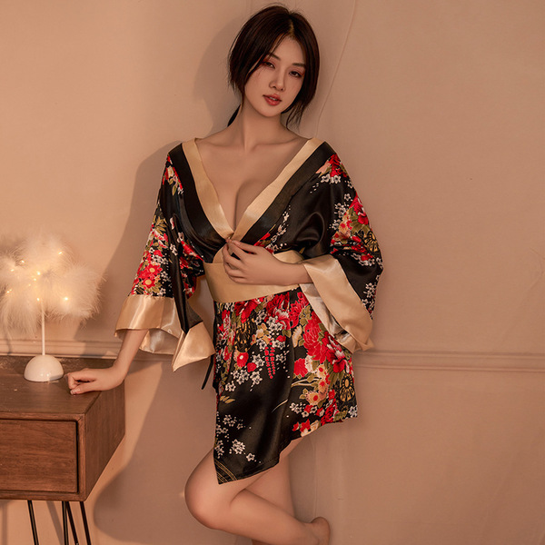 A woman poses elegantly in a japanese kimono-style lingerie set featuring a floral print, perfect for sensual photo shoots or...