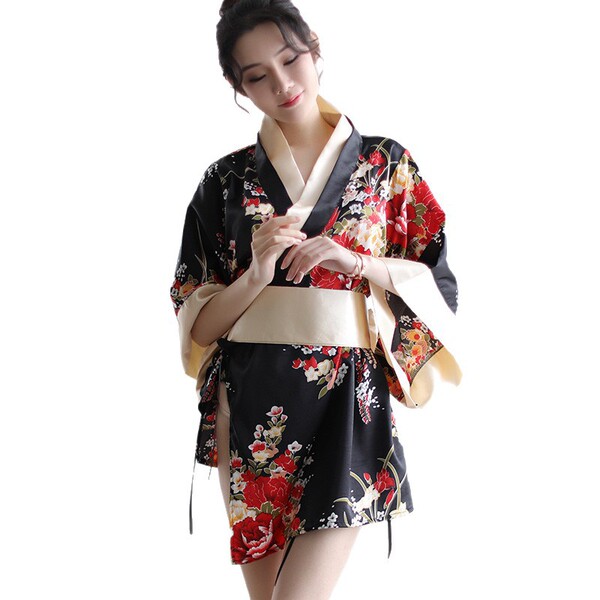 A woman models a japanese kimono-style lingerie set featuring floral patterns, perfect for cosplay with its sexy and playful ...