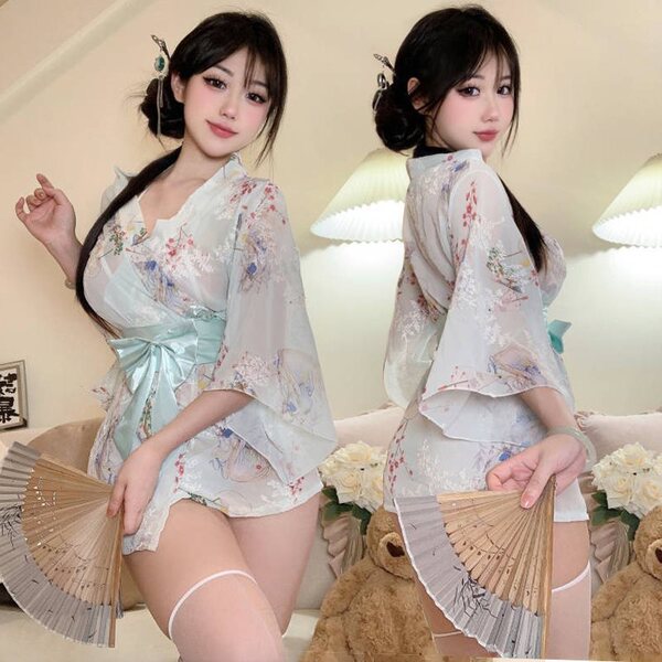 Sexy sheer japanese kimono lingerie set featuring floral print, perfect roleplay costume for adults.