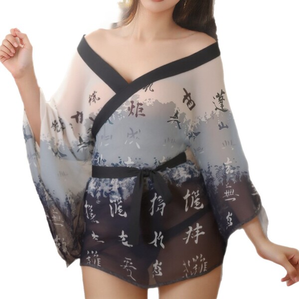 Sexy sheer chiffon japanese kimono-style lingerie set, elegant design perfect for womens nightwear, pure temptation.