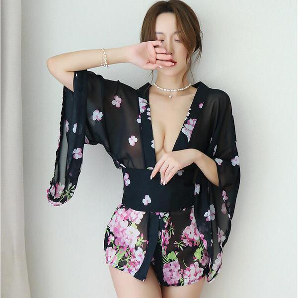 Sexy japanese kimono lingerie set featuring floral patterns, perfect for cosplay, stage performances, and role play.