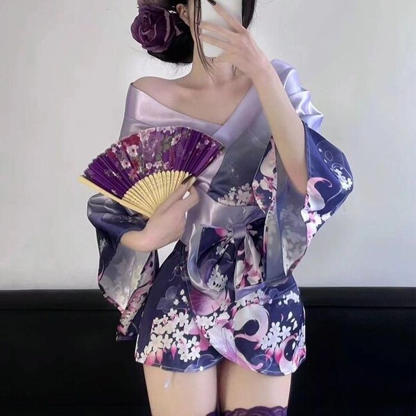 Japanese kimono lingerie set featuring floral patterns, perfect for role play or sleepwear with elegant design and vibrant co...