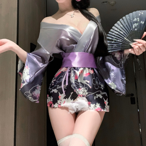 Japanese kimono lingerie set featuring a silky robe with floral patterns, perfect for role play and cosplay. includes a decor...