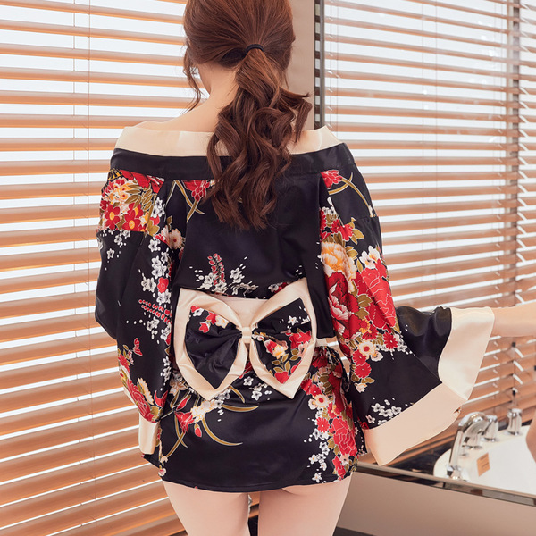 Back view of a woman wearing a black floral japanese kimono-style lingerie set with a large bow detail, perfect for photoshoo...