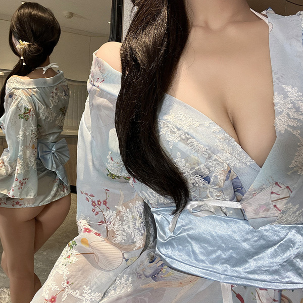 Japanese kimono lingerie set - sheer mesh sexy sleepwear for role play & date night, featuring intricate floral patterns and ...