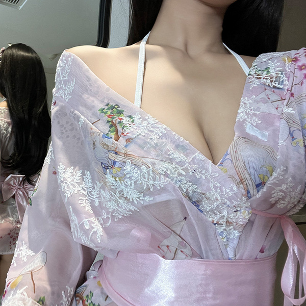 Japanese kimono lingerie set - sheer mesh sexy sleepwear for role play & date night, featuring intricate floral embroidery an...