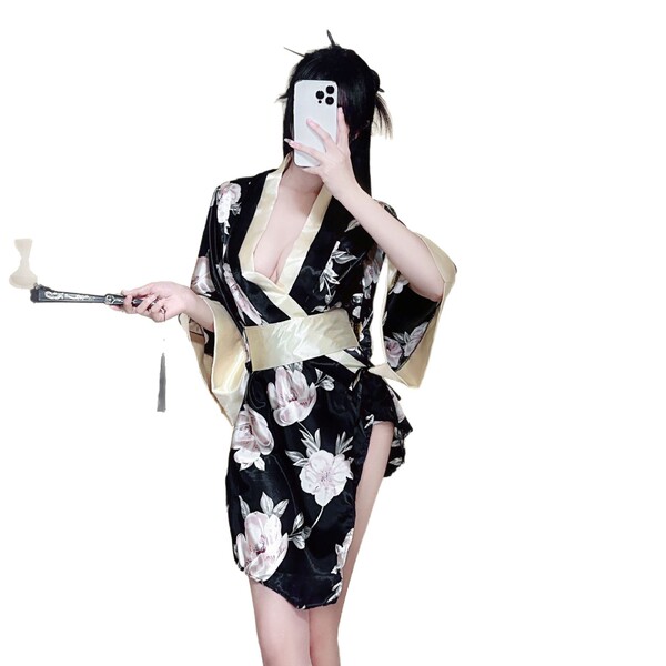 Japanese kimono lingerie set for women - flirty playful costume with floral print & dramatic sleeves