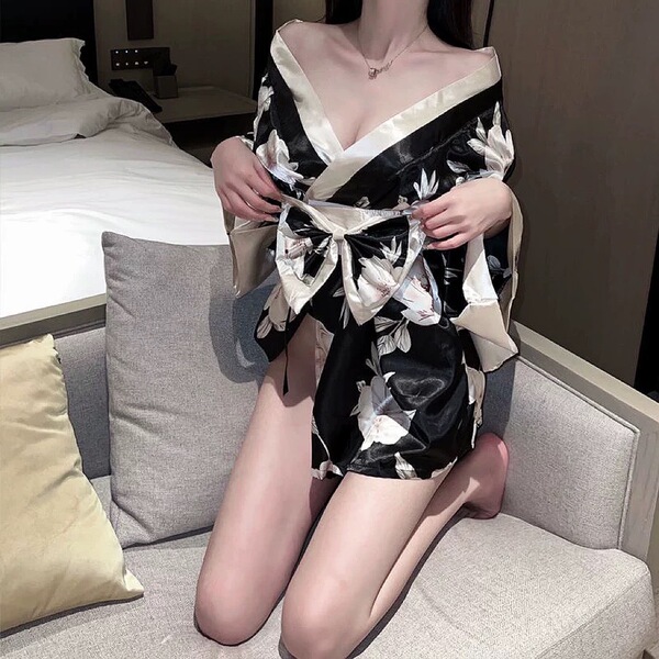 Sexy butterfly print japanese kimono lingerie for women, elegant yoko dance costume with no-remove design, seductive and styl...