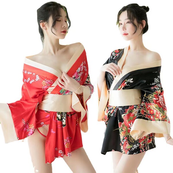 Japanese-style kimono lingerie set for women – sexy sleepwear & costume outfit, floral print seductive nightgown