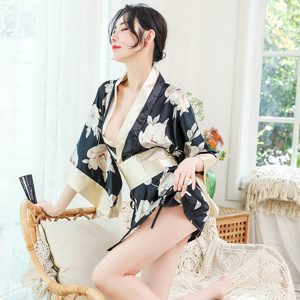 Elegant black floral japanese kimono-style robe set with lace detailing, perfect for intimate moments and role play.