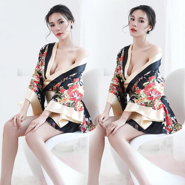 Japanese kimono-style sexy lingerie robe - playful adult costume sleepwear for women, featuring floral patterns and elegant d...