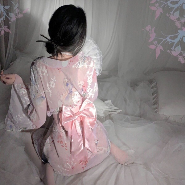Japanese kimono-style sheer lace bikini set & chiffon sleep dress with open-front robe for women, featuring delicate floral p...
