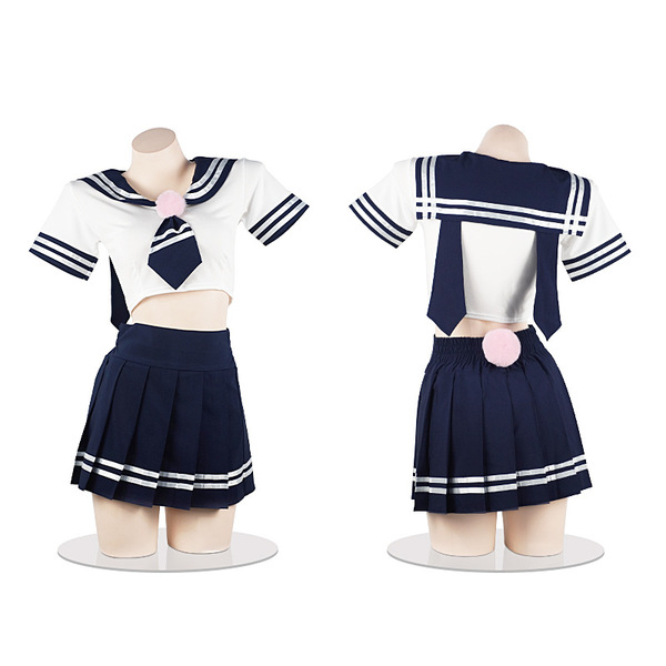 Japanese-korean school uniform set - cute sailor collar bunny jk outfit, featuring a white crop top with navy skirt, sailor c...