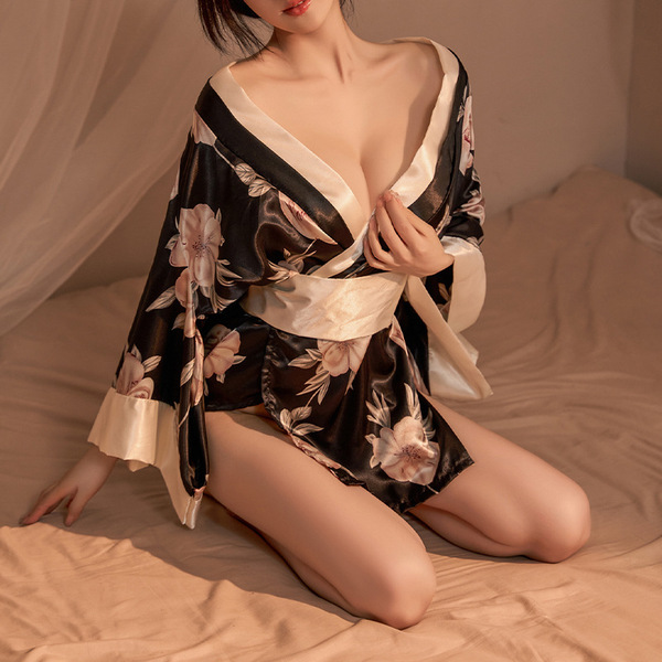Japanese-style lingerie kimono robe set - seductive sheer chest-reveal sleepwear for couples, no-undress design