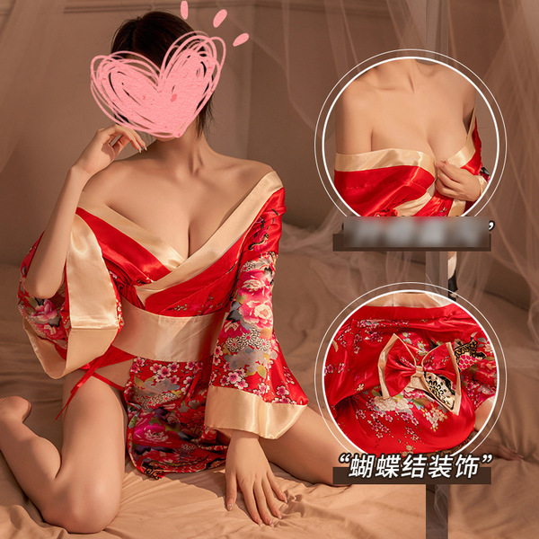 Japanese-style lingerie kimono robe set - seductive sheer chest-reveal sleepwear for couples, no-undress design