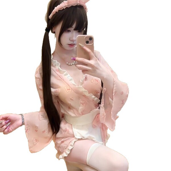 Japanese-style lingerie set featuring a delicate pink kimono robe adorned with bows and bunny patterns, perfect for a charmin...