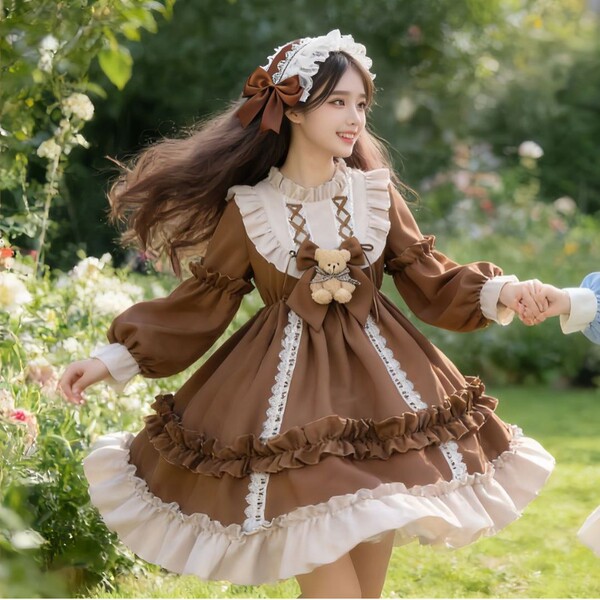 A charming girl wears a cute japanese lolita dress, featuring a soft brown a-line skirt with ruffles and lace details. perfec...