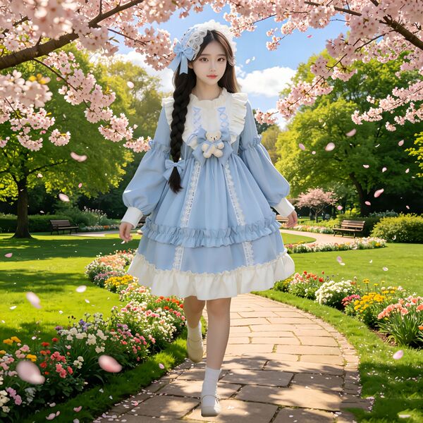 A charming girl walks through a blossoming garden wearing a cute new japanese lolita dress. the dress features a soft blue co...