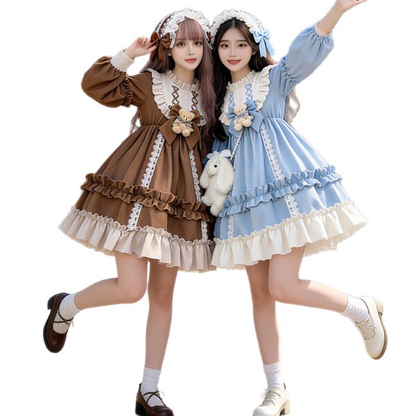 Two girls wearing charming new japanese lolita dresses, featuring cute kawaii designs with soft skirts and ruffled details, p...